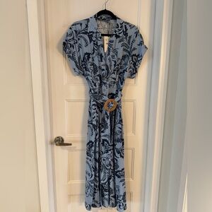 Zara Light Blue Maxi Dress with Navy Floral Print and Woven Belt